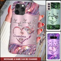Sparkling Grandma- Mom Heart Butterfly Kids Personalized Glass Phone Case