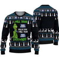 Bg Funny Character I Will Drink Bud Light Everywhere Ugly Christmas Sweater