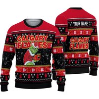 Personalized Calgary Flames Grin Ice Hockey Christmas Ugly Sweater