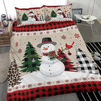 Xmas Snowman Bedding Set Christmas Pine Tree Snowy Romantic Bedding Set