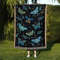 Luna Moths Throw Blanket | 100% Cotton | Jacquard Blanket