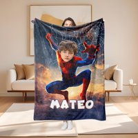 Personalized Spider Superhero Fleece Blanket, Custom Face Blanket