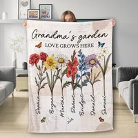 Personalized Grandmas Garden Blanket, Custom Grandma Love Grows Here Blanket