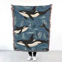 Orca Woven Blanket, Killer Whale Tapestry, Underwater Sea Animal