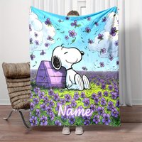 Customized Name Snoopy Cartoon Fleece Blankets, Home Decor Gifts