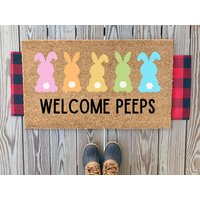 Welcome Peeps Colorful Pastel Doormat | Cute Easter Bunny