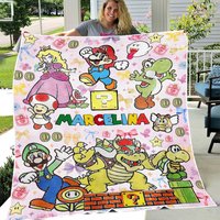 Personalized Super Mario Watercolor Throw Blanket, Custom Name Mario Blanket, Birthday Gifts