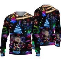 Neon Art Santa And Snowman Ugly Christmas Sweater, Bright Neon Xmas