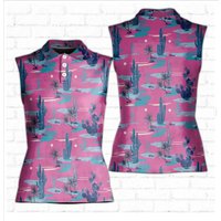 Pink Desert Cactus Golf Polo Shirt, Custom Name Golfer Women Sleeveless Polo