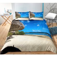 Palm Trees Bedding Set Ocean Beach Comforter Cover Sunset Hawaii Tropical Leaves Sea Wave