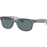 Ray-Ban New Wayfarer RB2132, Transparent Grey Polarized Sunglasses Dark Blue Polarized lenses, Mojo Glasses