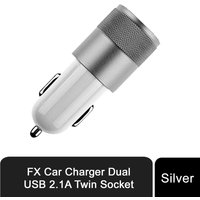 FX Powabud Car Charger 2.1A Twin USB Socket Universal Charger, Silver