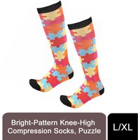 Flo Fashion Bright Pattern Knee-High With Nylon, Yarn & Spandex Compression Sock, Puzzle, L/XL