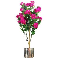 100cm Realistic Artificial Azalea Pink Flowers Potted Plant with Silver Metal Planter