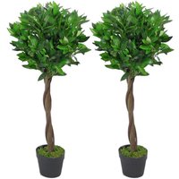 90cm Leaf Design UK Pair of Artificial Bay Topiary Ball Trees, Green Twist