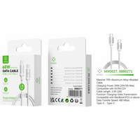 Woox MX0027 Type C to Type C Braided Data Cable, 60W, 3.3ft 1m, White