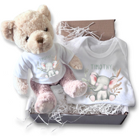 Personalised Happy Elephant Gift Hamper - Teddy & Baby Vest