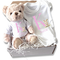 Personalised Pink Initial Bunny Gift Hamper - Teddy & Baby Vest