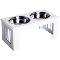 Raised Pet Feeder Elevated Double Staninless Steel Bowls Stand Water White