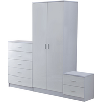 Tall White High Gloss Wardrobes 3 Pc Chest Bedside Table 7 Drawer