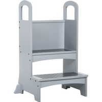 Kids Wooden 2-Step Stool Mini Ladder Assistance Unit w/ Non-Slip Panels Grey
