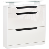 Shoe Cabinet 3 Drawers High Gloss Storage Cupboard Glass Top White