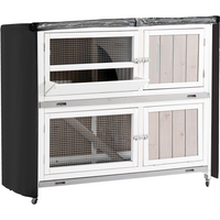 Two-Tier Wooden Rabbit Hutch w/ Wheels, Trough, Rain Cover, Tray - Grey Pawhut