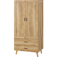 2 Door Wardrobe, Modern Wardrobe w/ 2 Drawer, Hanging Rail for Bedroom Natural