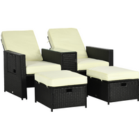 5-level Adjustable Rattan Sun Lounger w/ Storage Tea Table & Footstools, Balck