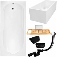 KOLMAN Rechteckbadewanne 190 x 80 cm mit Wannenträger mit Bambus Badewannenablage mit Kopfstütze KODI inkl. Ablauf und Füße