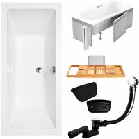 KOLMAN Rechteckbadewanne 190 x 90 cm mit Styroporverkleidung mit Bambus Badewannenablage mit Kopfstütze KODI inkl. Ablauf und Füße