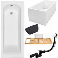 KOLMAN Rechteckbadewanne 180 x 80 cm mit Wannenträger mit Bambus Badewannenablage mit Kopfstütze KODI inkl. Ablauf und Füße