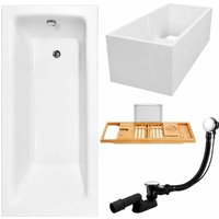 KOLMAN Rechteckbadewanne 130 x 70 cm mit Wannenträger mit Bambus Badewannenablage inkl. Ablauf und Füße