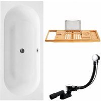 KOLMAN Rechteckbadewanne 170 x 75 cm mit Bambus Badewannenablage inkl. Ablauf und Füße