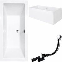KOLMAN Rechteckbadewanne 190 x 90 cm mit Acrylschürze mit Bambus Badewannenablage inkl. Ablauf und Füße