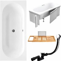 KOLMAN Rechteckbadewanne 150 x 75 cm mit Styroporverkleidung mit Bambus Badewannenablage inkl. Ablauf und Füße