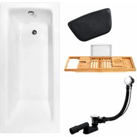 KOLMAN Rechteckbadewanne 170 x 75 cm mit Badewannenablage mit Kopfstütze inkl. Ablauf und Füße mit Bambus-Badewannenablage