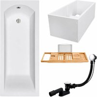 KOLMAN Rechteckbadewanne 170 x 70 cm mit Wannenträger mit Bambus Badewannenablage inkl. Ablauf und Füße