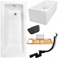 KOLMAN Rechteckbadewanne 140 x 70 cm mit Wannenträger mit Bambus Badewannenablage mit Kopfstütze KODI inkl. Ablauf und Füße