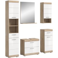 Badkombi Lambada m. Waschbeckenunterschrank Eiche/Weiß Hochglanz 164 cm 5-tlg.