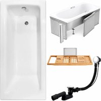 KOLMAN Rechteckbadewanne 160 x 75 cm mit Styroporverkleidung mit Bambus Badewannenablage inkl. Ablauf und Füße