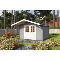 Lasita Holz-Gartenhaus Viljandi 34 Lichtgrau 339,7 cm x 445 cm mit Anbaudach – 7.35 qm Lasita Holz-Gartenhaus Viljandi 34 Lichtgrau 339,7 cm x 445 cm mit Anbaudach – 7.35 qm