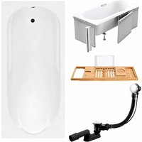 KOLMAN Rechteckbadewanne 170 x 70 cm mit Styroporverkleidung mit Bambus Badewannenablage inkl. Ablauf und Füße
