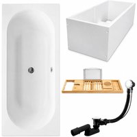 KOLMAN Rechteckbadewanne 170 x 75 cm mit Wannenträger mit Bambus Badewannenablage inkl. Ablauf und Füße
