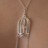 Paths That Cross - Women's Bird in a Cage Neck Breast Chain and Non-Piercing Nipple Rings in Silver