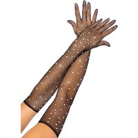 Rhinestone Fishnet Long Gloves - Black