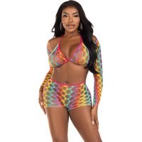 3 Pc Net Bra Top With Shrug and Boy Shorts - One Size - Multicolor