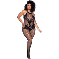 Vino Noir Floral Fishnet Bodystocking Plus - O/sx - Black