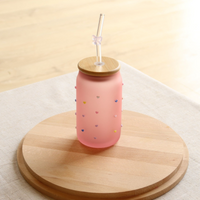 Pink Frosted Multicoloured Heart Jar with Wooden Lid and Pink Bow Straw
