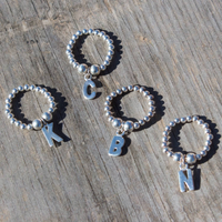 Letter Initial Charm on Silver Ball Bead Ring
